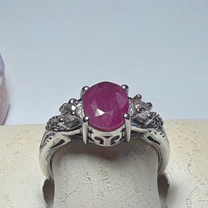 Estate 1.65cttw Natural Oval Ruby & Rd CZ Victorian Sterling Silver Ring #17764